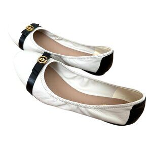 Cole Haan Tova Bow Ballet Flats Ivory & Black Leather Sz 9.5 NEW